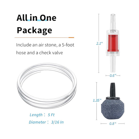 Complete Pawfly Air Pump Kit for 3–20 gallon tanks. Includes air pump, tubing, air stone, and check valve. Quiet, reliable aeration for nano & betta aquariums.