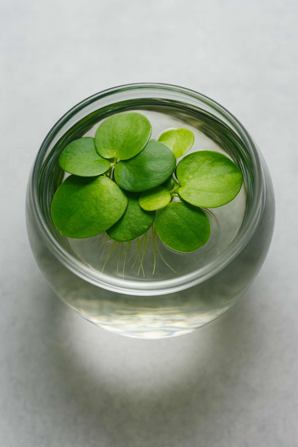 “Live frogbit floating plant in a clear glass bowl, showing bright green leaves and roots hanging in the water.