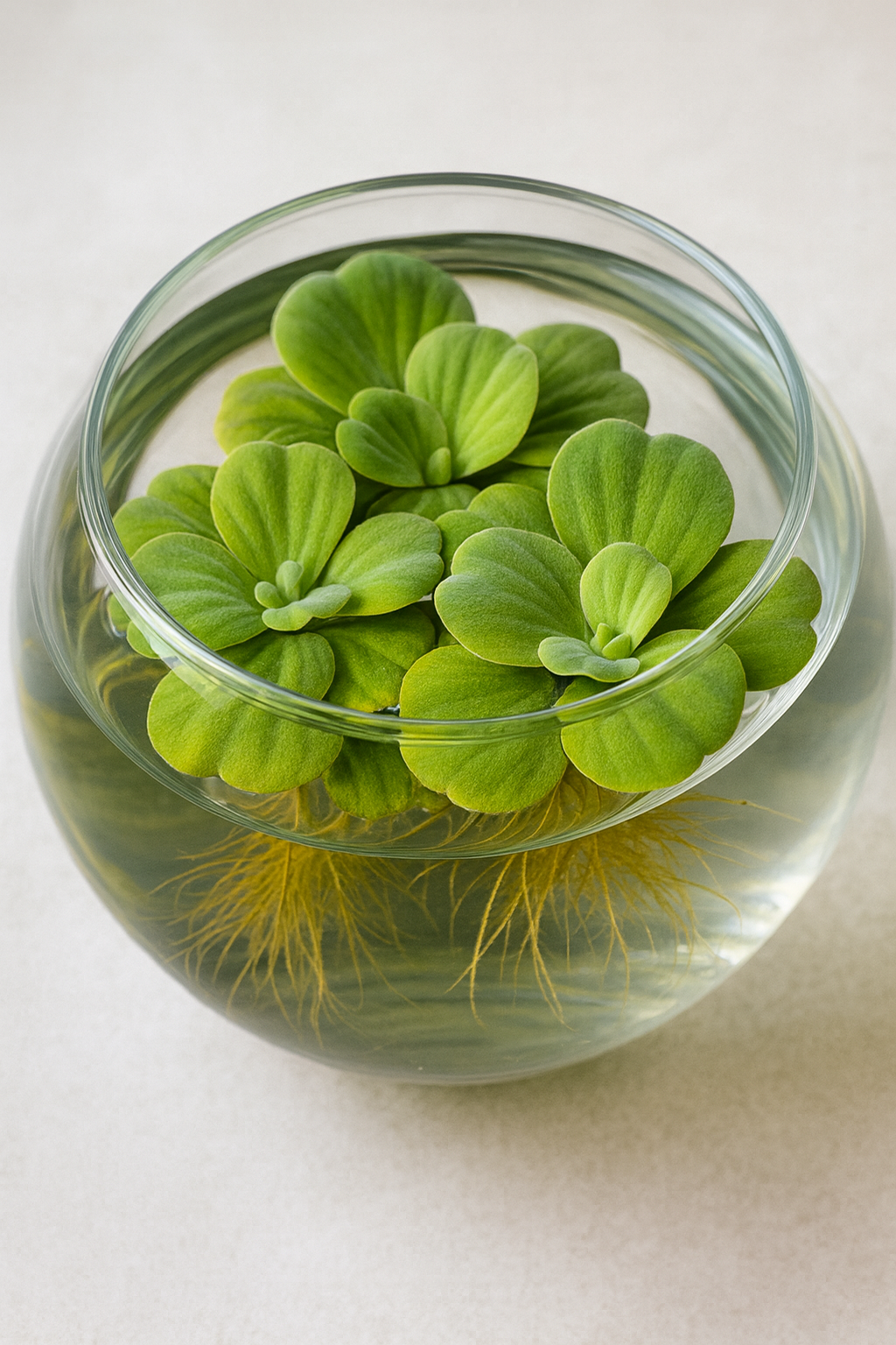 Realistic water lettuce floating plant in a clear glass bowl, showing bright green leaves and roots in the water.