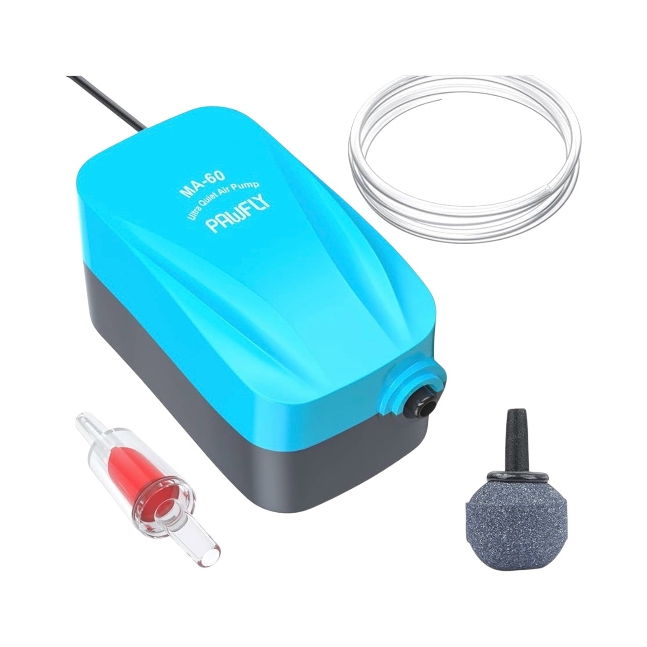 Complete Pawfly Air Pump Kit for 3–20 gallon tanks. Includes air pump, tubing, air stone, and check valve. Quiet, reliable aeration for nano & betta aquariums.