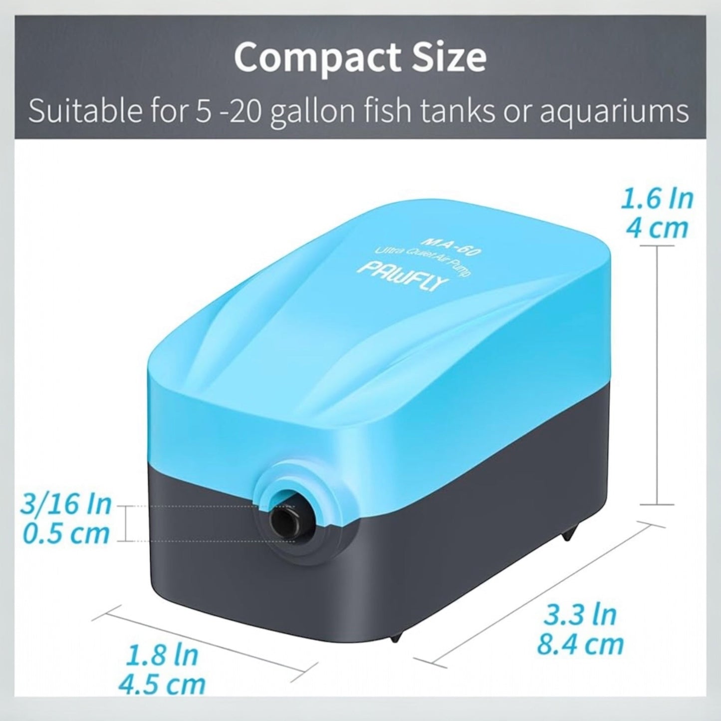 Complete Pawfly Air Pump Kit for 3–20 gallon tanks. Includes air pump, tubing, air stone, and check valve. Quiet, reliable aeration for nano & betta aquariums.