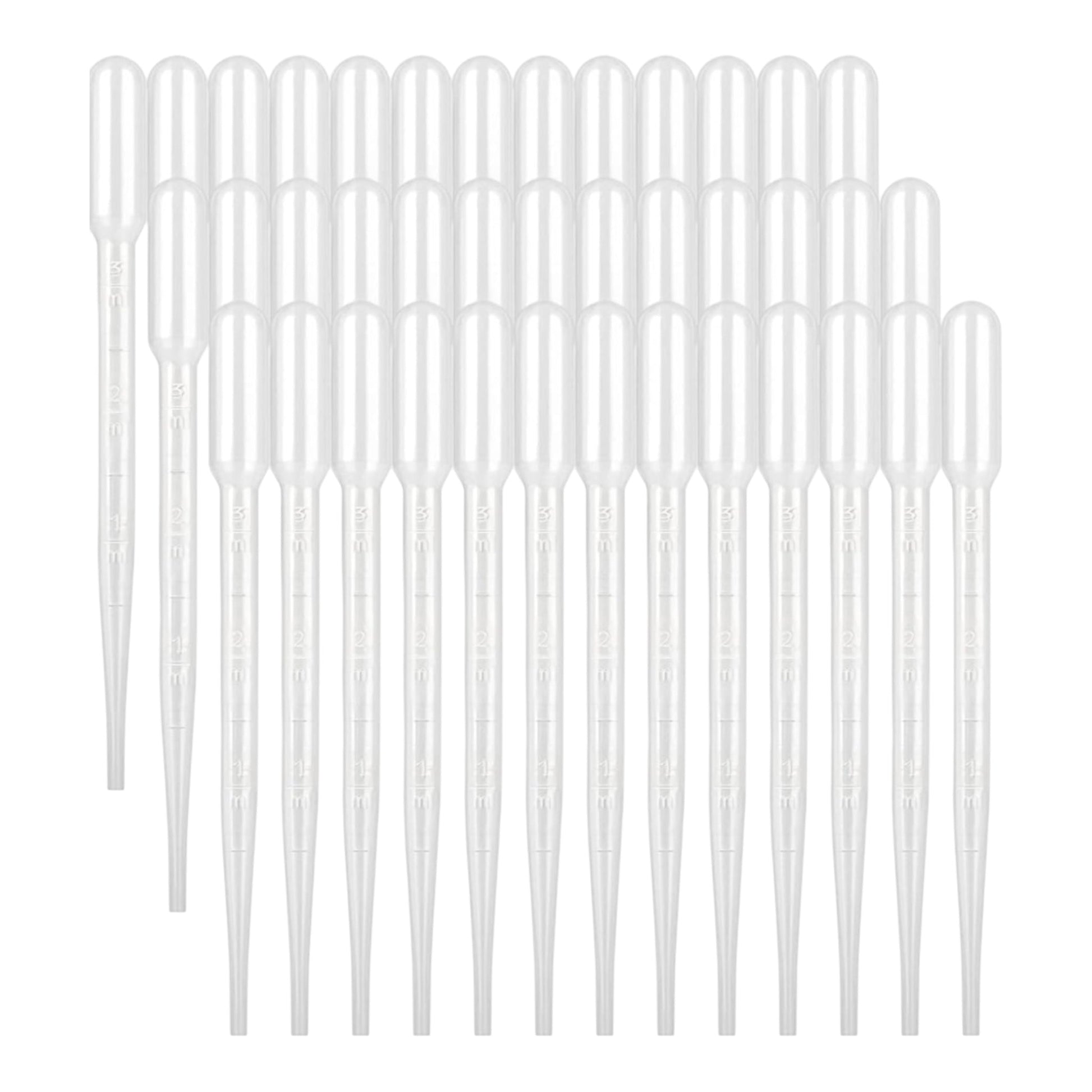 Set of 3 ml clear plastic graduated transfer pipettes arranged in rows, used for measuring and transferring liquids.