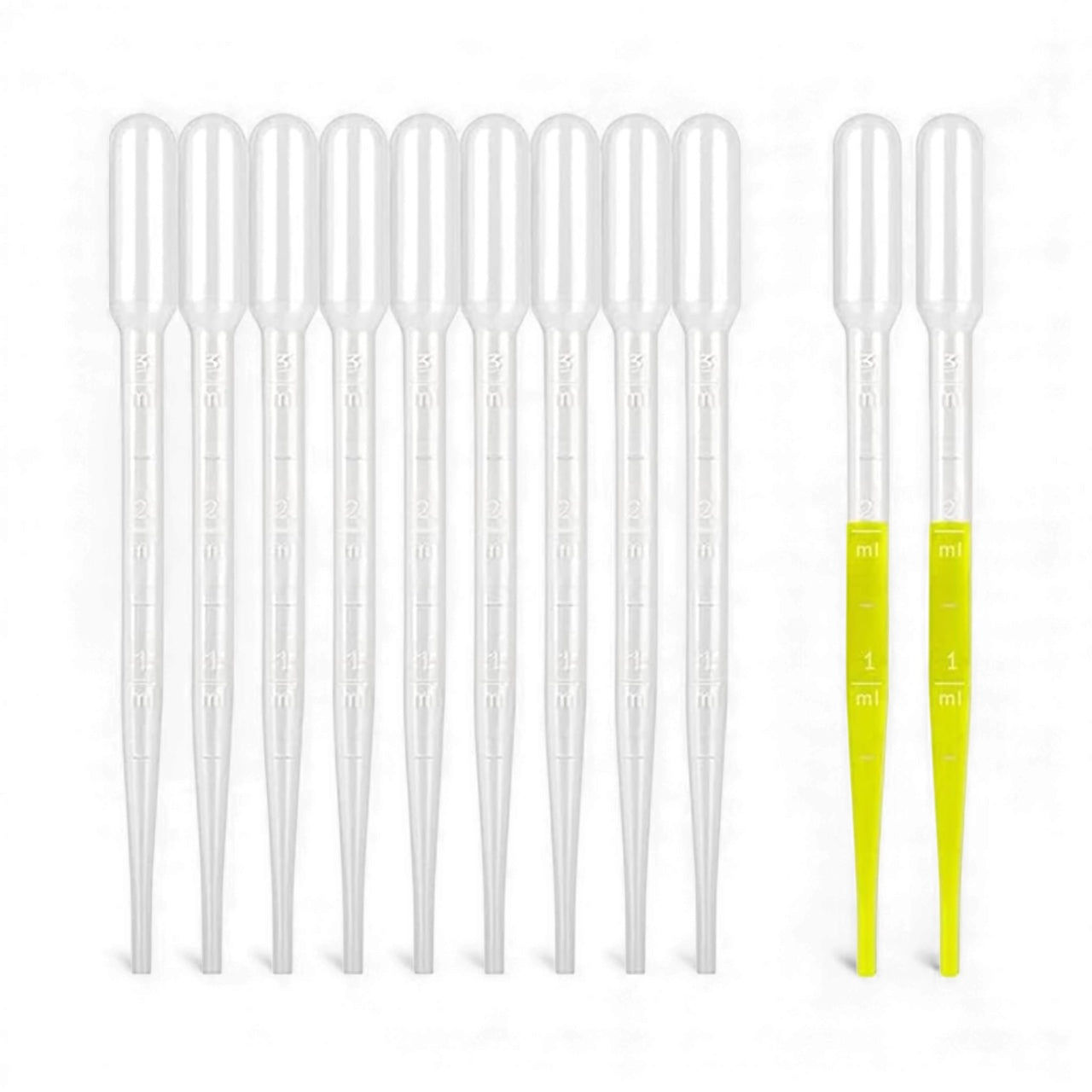 Set of plastic graduated transfer pipettes with 3 ml capacity, two highlighted at the 1 ml mark for measurement reference.