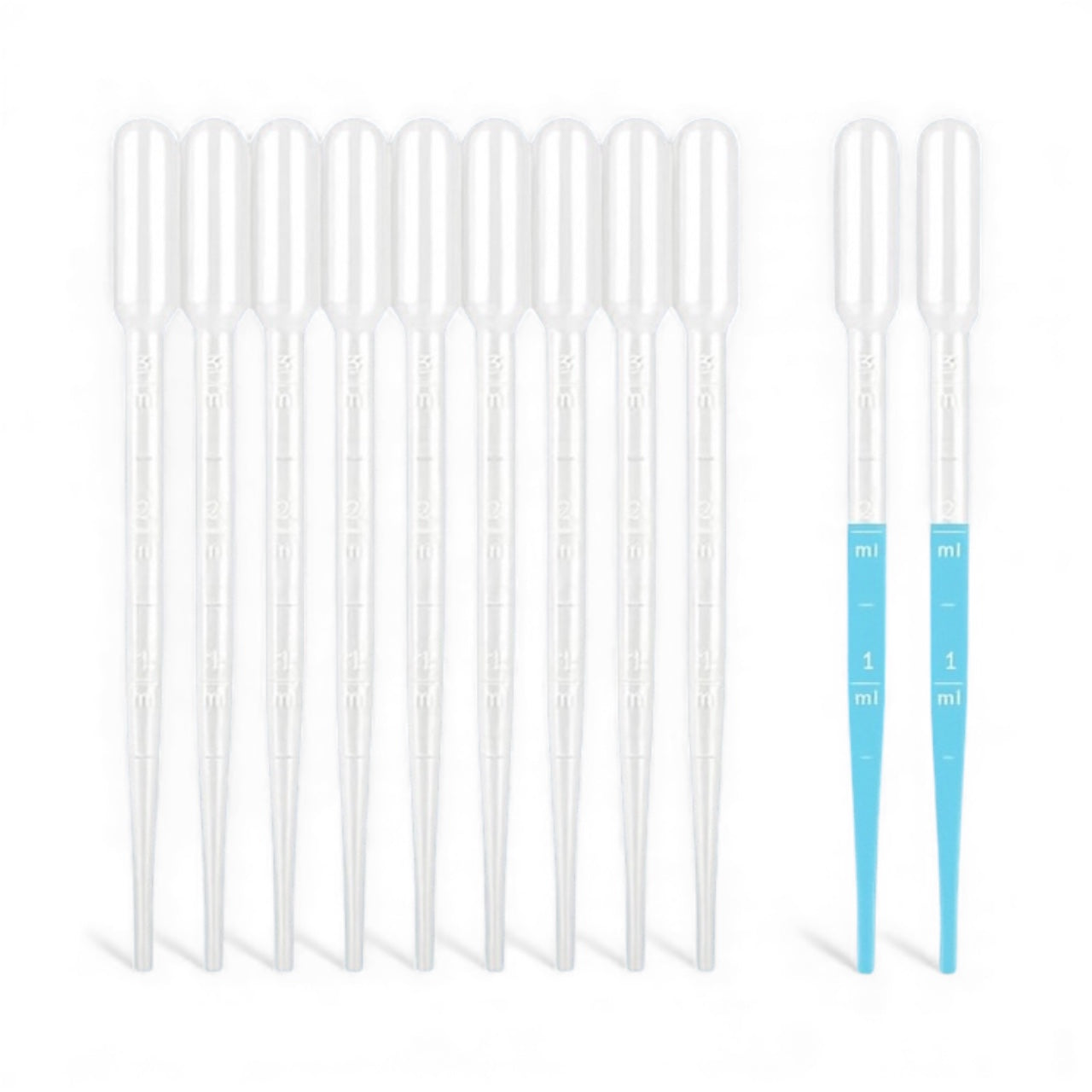 Set of plastic aquarium pipettes shown on a white background, including clear and blue 1 ml droppers used for feeding fish, dosing fertilizers, or spot cleaning tanks.