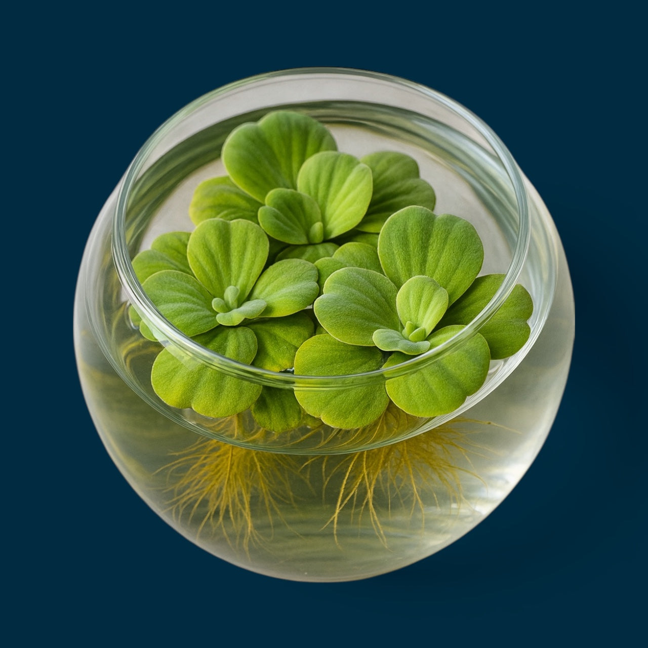Live water lettuce plant floating in a glass bowl with green leaves and visible roots, shown against a dark blue background.