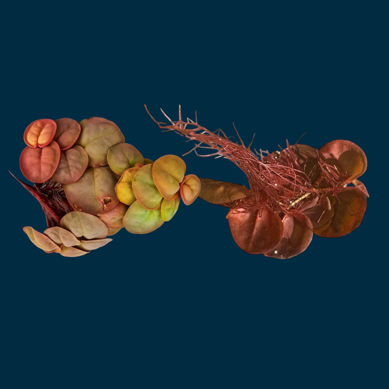 Cluster of Red Root Floater with vibrant red roots and colorful rounded leaves displayed on a dark blue backdrop.