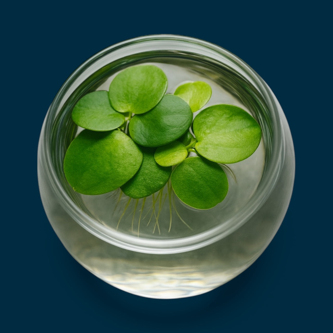 “Live frogbit floating in a round glass bowl, showing green surface leaves and hanging roots on a deep blue background.